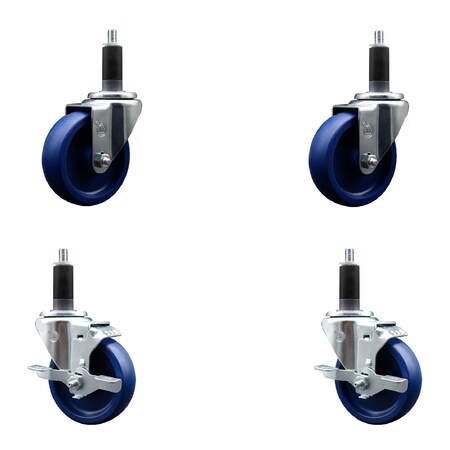 Service Caster 4'' SS Solid Poly Wheel Swivel 1-1/8'' Expanding Stem Caster Set 2 Brakes, 4PK SCC-SSEX20S414-SPUS-2-TLB-2-118